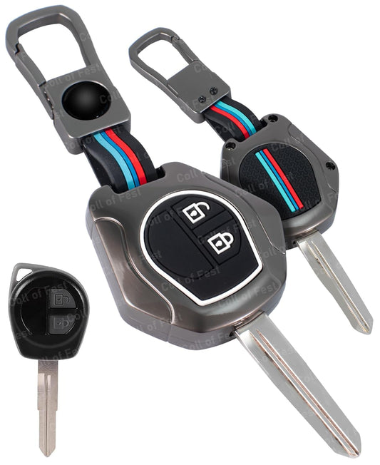 Metal Striped Key Cover And Key Chain Compatible For Suzuki Swift, Ertiga, Wagonr, Celerio, Swift Dzire, Alto, Fronx, Breza, S Presso, Ignis Car 2 Button Smart Key
