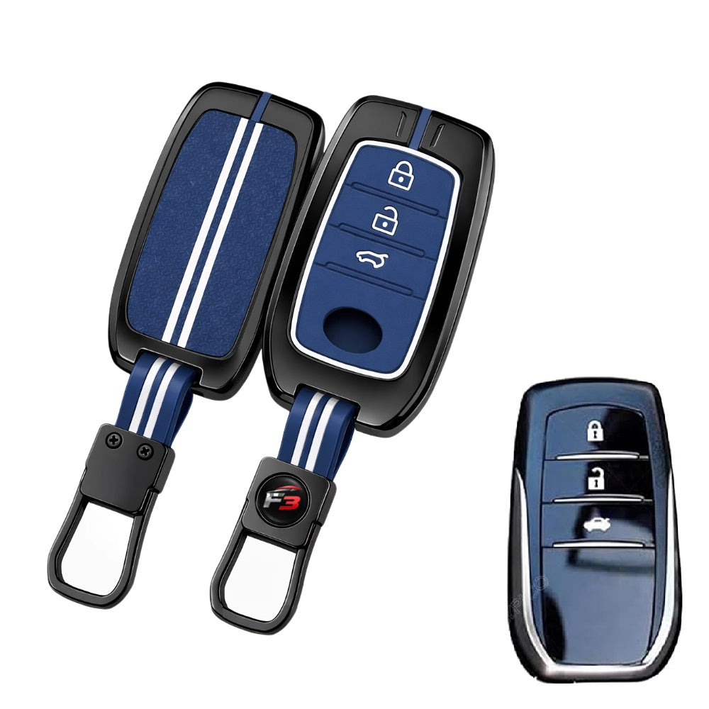 Metal Key Cover Compatible with Toyota Fortuner | Fortuner Legender | Innova Hycross | Invicto 3 Button Smart Key (Metal Blue Silicone)