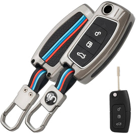 Premium Metal Key Cover Compatible with Ford EcoSport (Old), Fiesta, Figo | 3-Button Flip Remote Key Shell with Stylish Keychain (Metal Grey Black)