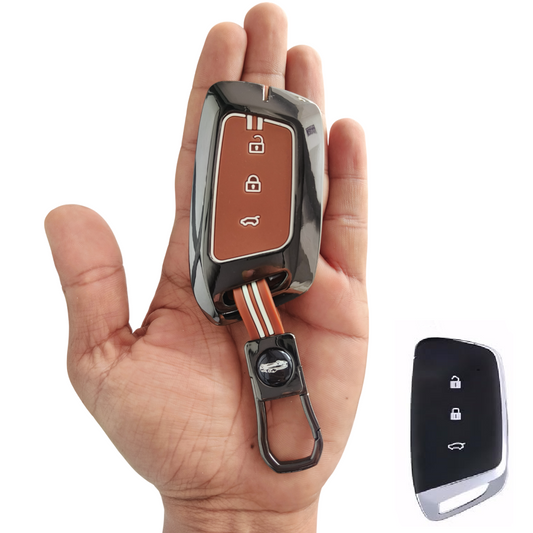 Metal Car Key Cover Compatible for MG Hector | Windsor EV 3 Button Smart Key (Metal Brown Silicone)