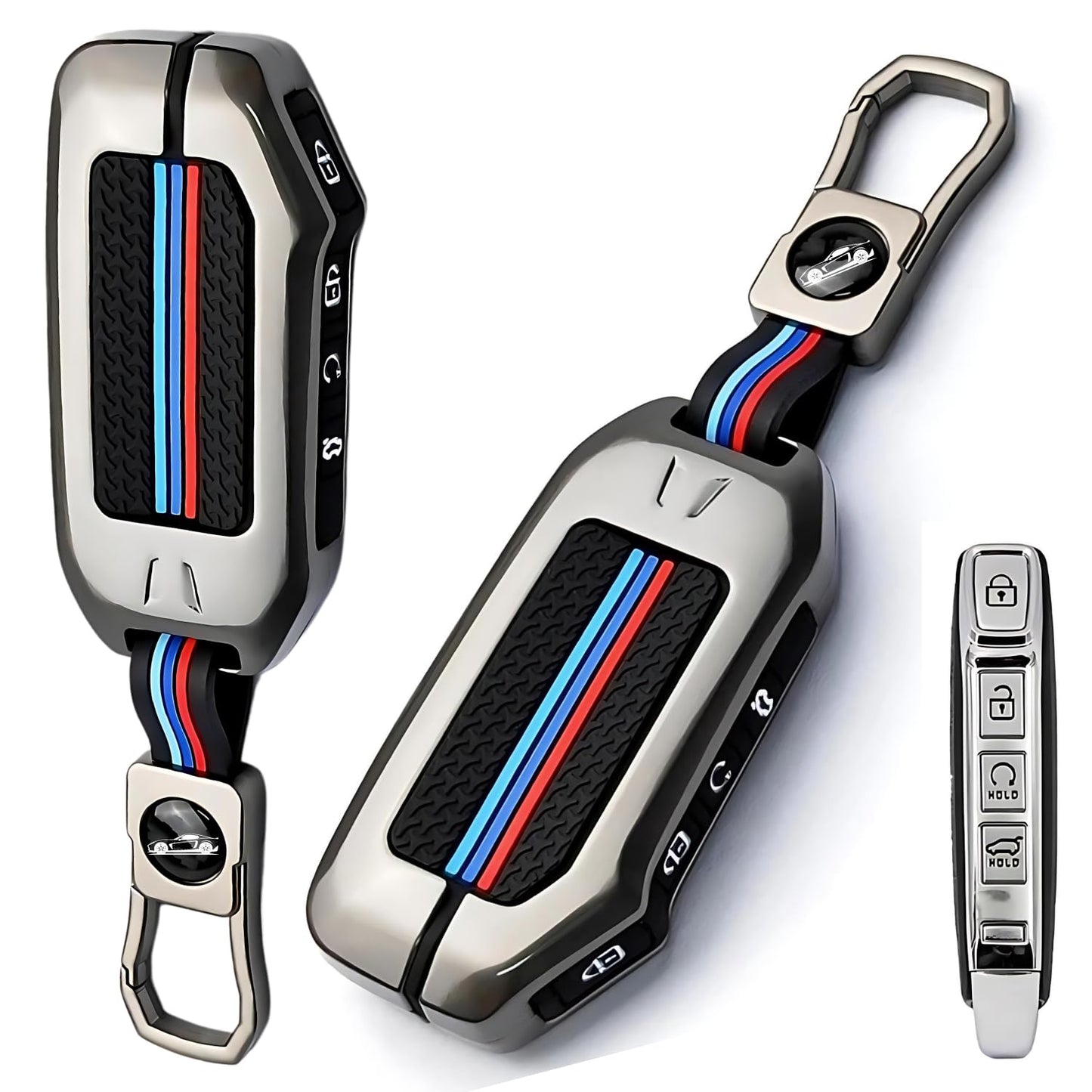 Metal Shell Silicone Key Cover Compatible with Kia Seltos 2023 2024 Facelift HTX | Carens X Line | Sonet Facelift | 4 Button Remote Key Cover for Kia