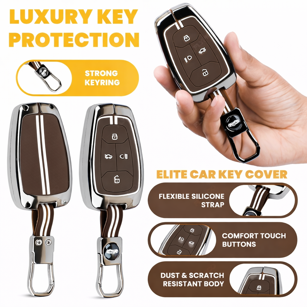 Luxury Car Key Cover for Tata Nexon, Tigor, Altroz, Punch, Safari | Metal & Silicone Smart Key Protector 4 Button with Hook