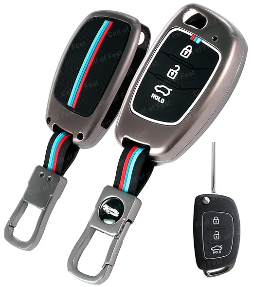 Metal Silicon Key Cover for Hyundai Alcazar, Aura, Creta, i10 Grand Nios, i20 Active, i20 Elite, Tucson, Verna, Venue, Xcent, Exter 3 Button Smart Flip Key Visible in Low-Ligh Conditions