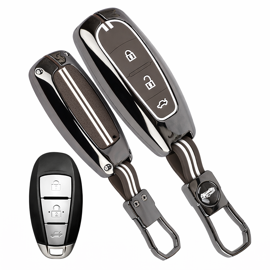 Metal Key Cover Compatible with Baleno, Breeza, S Cross, Ciaz, Swift 3 Button Smart Key (Metal Brown Silicone)