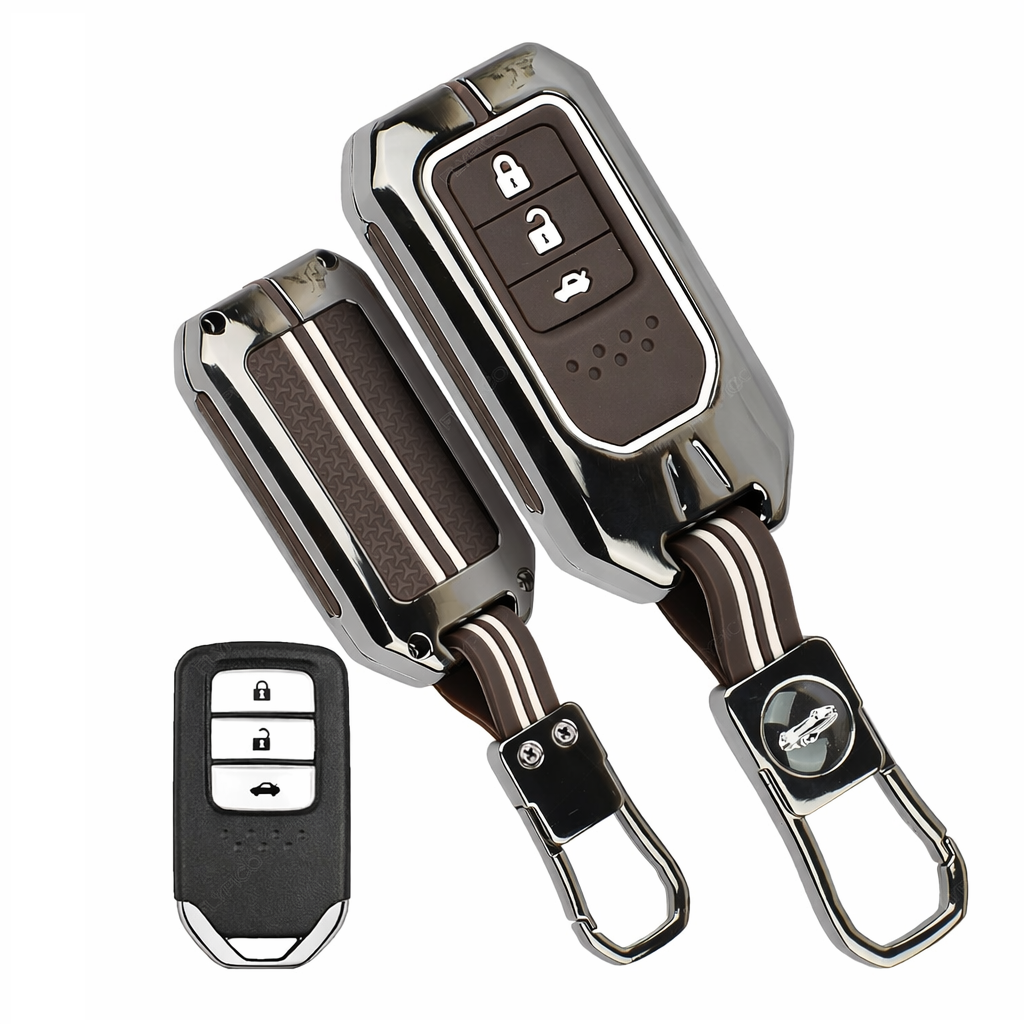 Premium Metal Silicone Car Key Cover for Honda BRV, WRV, CRV, Jazz, City 3 Button Smart Key | Glow in Dark Waterproof Shockproof Key Case with Keychain (Black Chrome Coffee Brown)