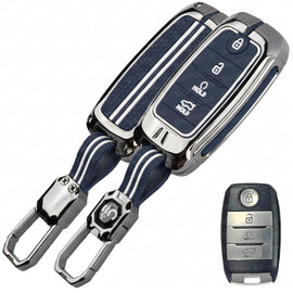 Metal Sapphire Key Cover and Key Chain Compatible with KIA Seltos 4 Button Smart Key Cover in Color Pack of 1 Set (Glow in The Night) (Blue)