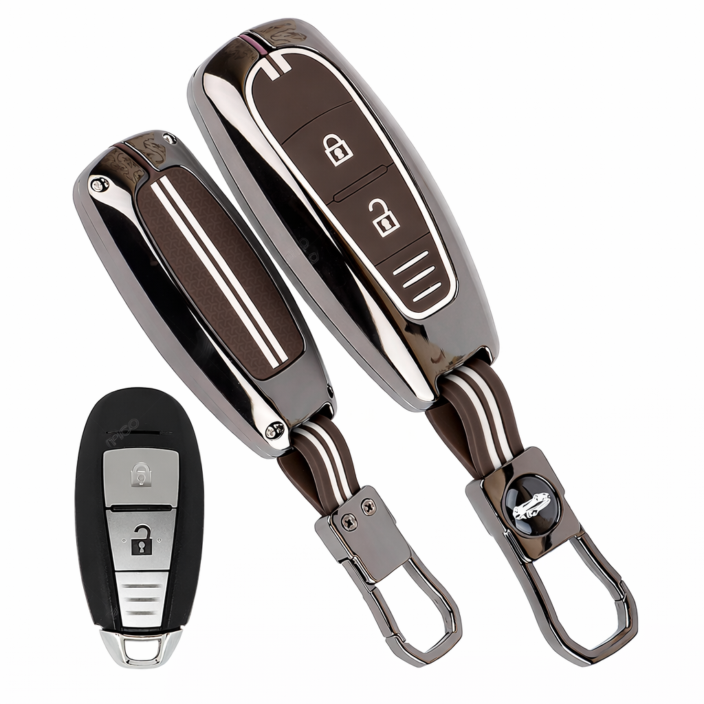 Car Key Cover Compatible with Maruti Suzukii Ignis | S Cross | Baleno | Ciaz | Vitara Brezza | Swift 2-Button Key (Chrome Metal Coffee Silicone)