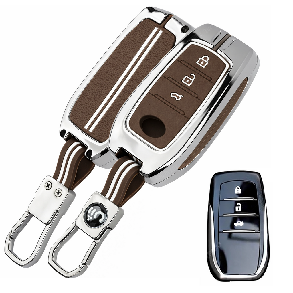 Luxury Black Chrome Key Cover Compatible for Toyota Fortuner, Legender, Hycross, Invicto | 3 Button Smart Key Protector with Keychain