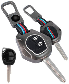 Metal Striped Key Cover And Key Chain Compatible For Suzuki Swift, Ertiga, Wagonr, Celerio, Swift Dzire, Alto, Fronx, Breza, S Presso, Ignis Car 2 Button Smart Key