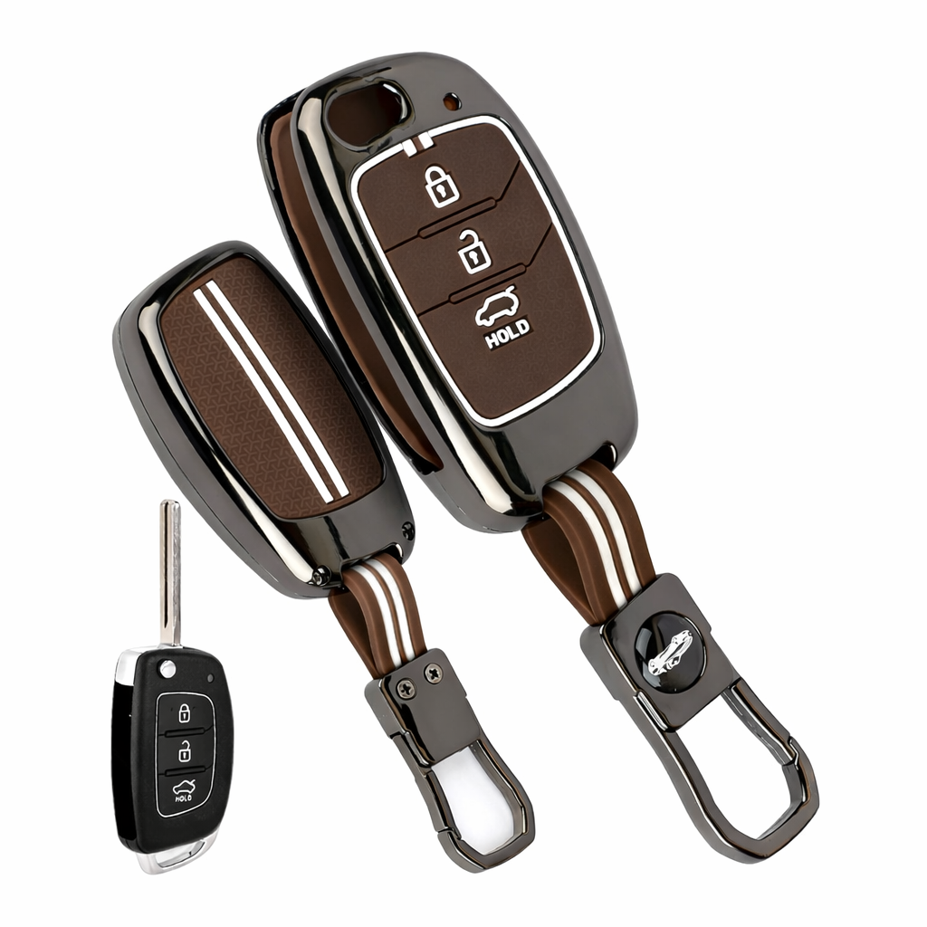 Car Key Cover Compatible with Hyundaii Creta, Venue, Tucson, Alcazar, i20, Grand i10 Nios, Aura, Xcent, Exter, 3-Button Flip Key, Silicone, with Keyring (Chrome Metal Coffee Silicone)