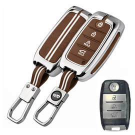 Metal Car Key Cover for Kia Seltos, Sonet, Carens 4 Button Smart Key | Zinc Alloy + Coffee Silicone Case | Full Protection, Shockproof, Stylish Key Protector with Keychain