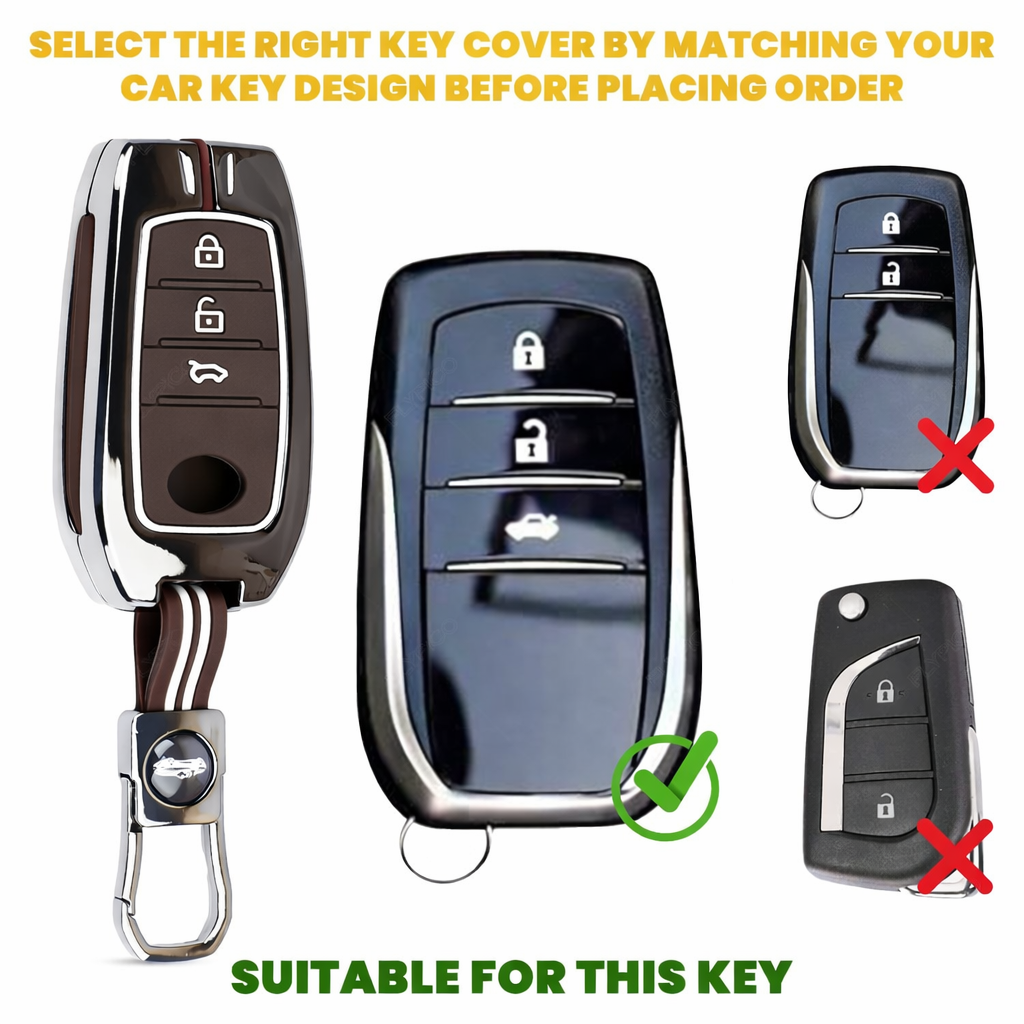 Luxury Black Chrome Key Cover Compatible for Toyota Fortuner, Legender, Hycross, Invicto | 3 Button Smart Key Protector with Keychain