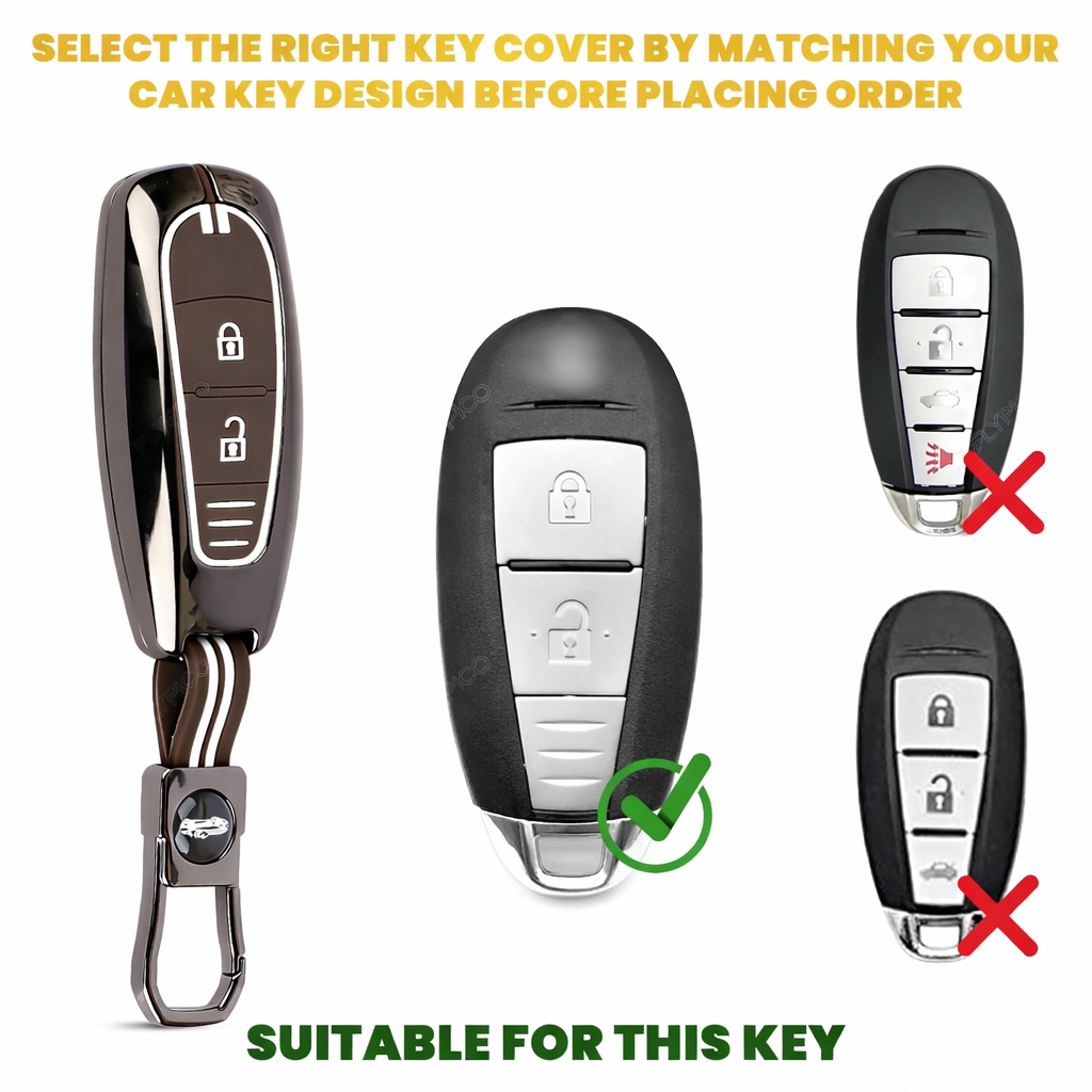 Car Key Cover Compatible with Maruti Suzukii Ignis | S Cross | Baleno | Ciaz | Vitara Brezza | Swift 2-Button Key (Chrome Metal Coffee Silicone)