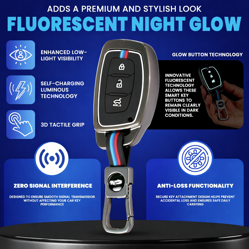 Metal Key Cover for Hyundai Grand i10 NIOS Asta | Venue | i20 | Aura | Exter | Creta | Elantra 3 Button Smart Key