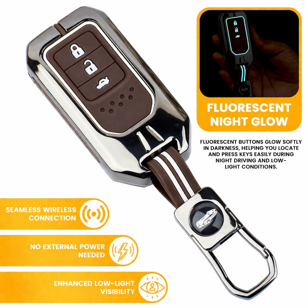 Premium Metal Silicone Car Key Cover for Honda BRV, WRV, CRV, Jazz, City 3 Button Smart Key | Glow in Dark Waterproof Shockproof Key Case with Keychain (Black Chrome Coffee Brown)