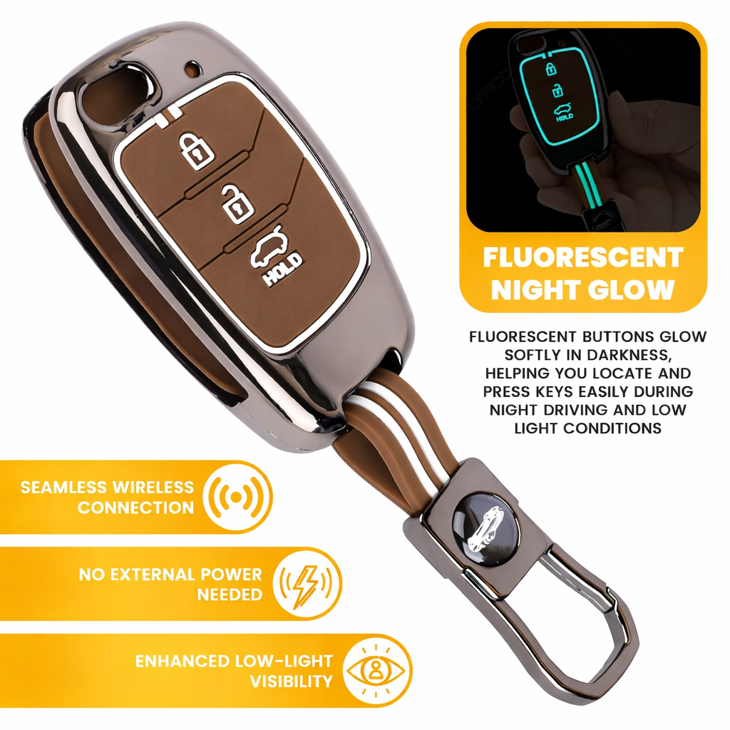 Car Key Cover Compatible with Hyundaii Creta, Venue, Tucson, Alcazar, i20, Grand i10 Nios, Aura, Xcent, Exter, 3-Button Flip Key, Silicone, with Keyring (Chrome Metal Coffee Silicone)