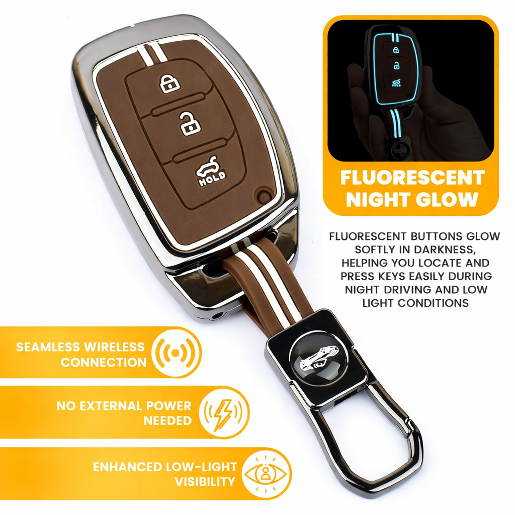 Black Chrome Metal Silicone Key Cover – Glow-in-the-Dark, Waterproof, Shockproof Key Fob Protector for Hyundaii i20 Creta Venue Tucson Alcazar Verna Xcent Aura Elantra 3 Button Smart Key
