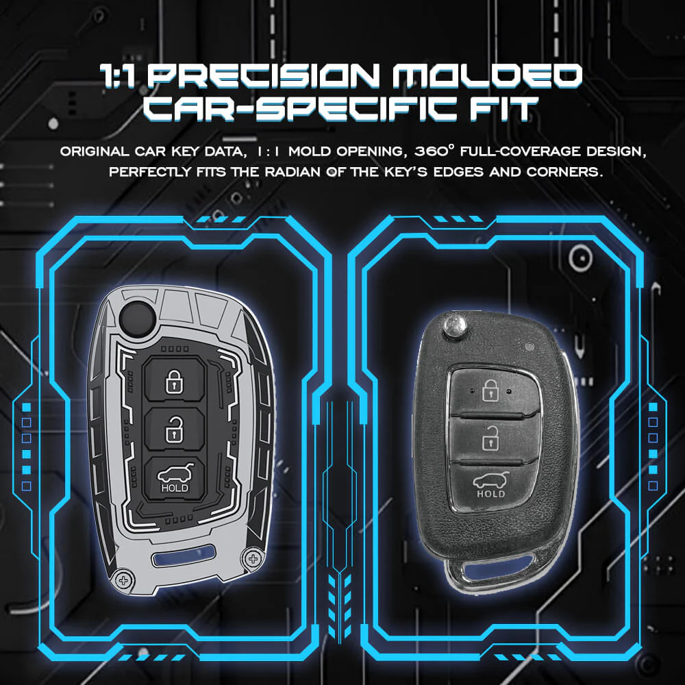 Iron Core Series Car Key Cover Compatible with Hyundai i20, Creta, Venue, Tucson, Alcazar, Grand I10, Aura, Xcent, Exter, 3 Button Flip Key, Zinc Alloy, Luminous