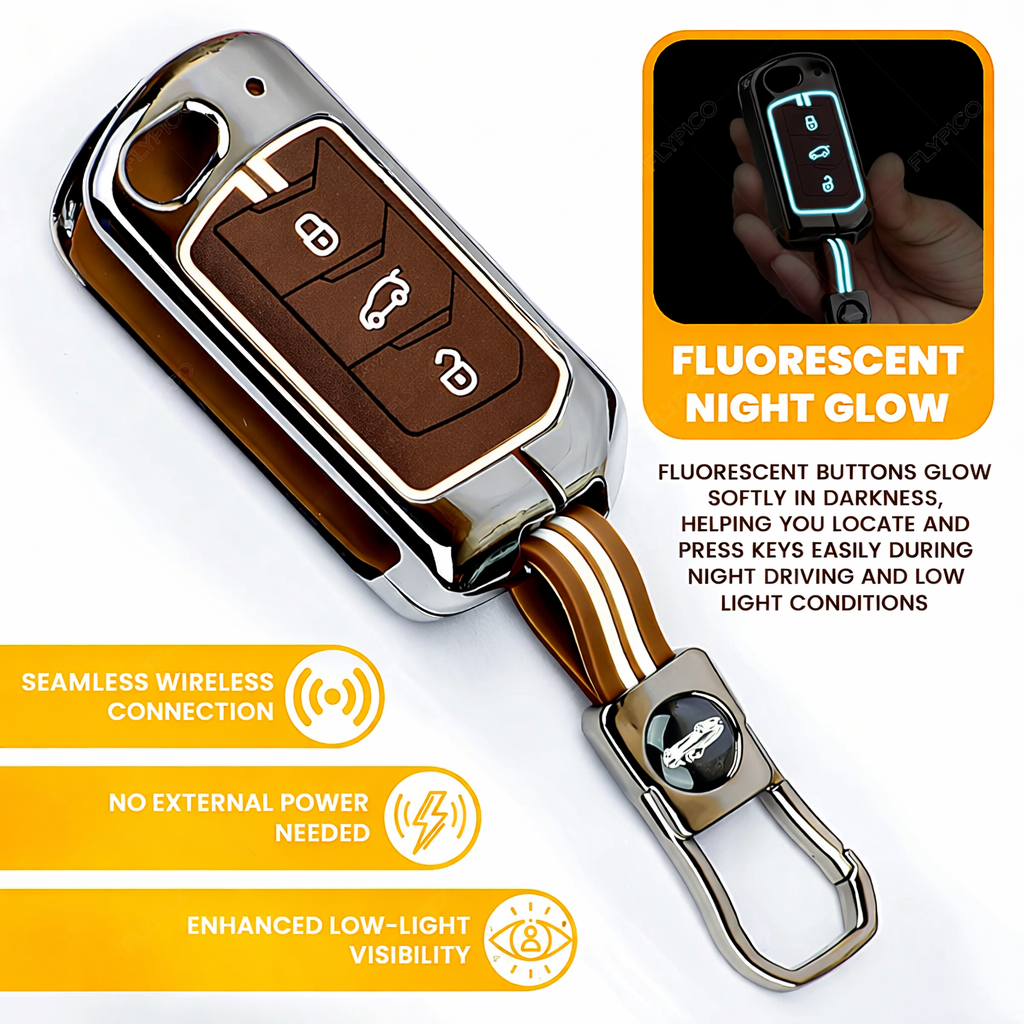 Premium Black Chrome Metal Silicone Key Cover – Glow-in-The-Dark, Waterproof, Key Fob Protector for Mahindra Scorpio Marazzo Xuv 300 Xuv 700 Xuv 400 Ev Bolero Thar Tuv 3 Button Flip Key
