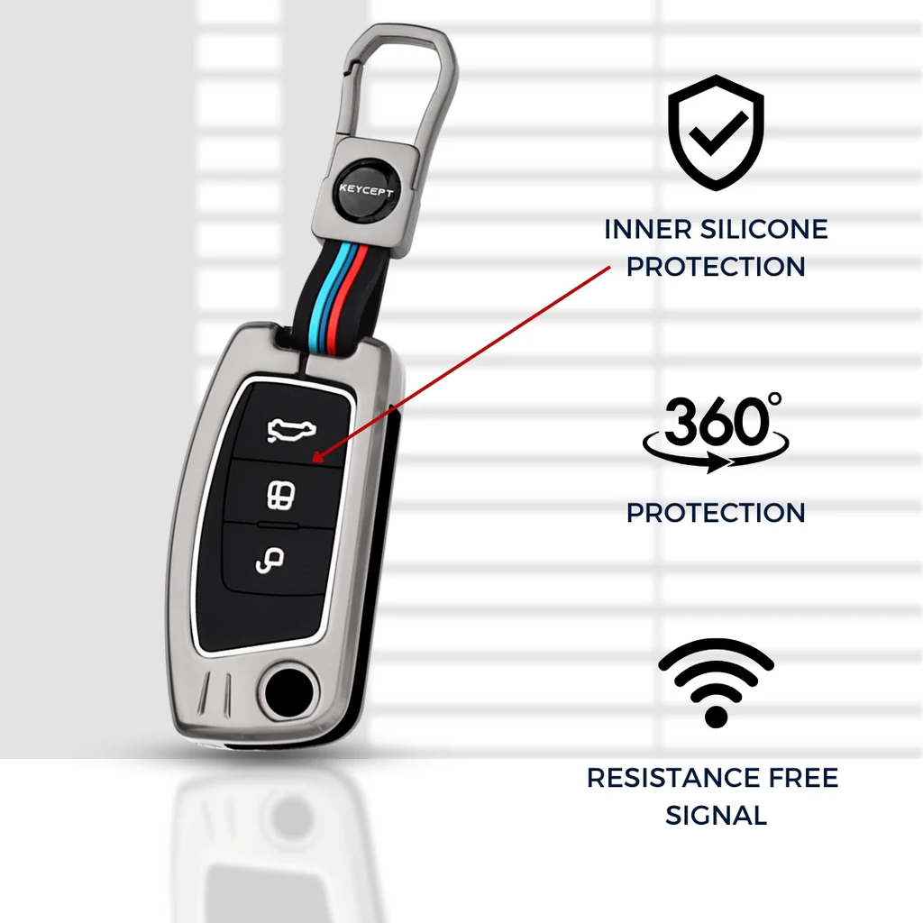 Premium Metal Key Cover Compatible with Ford EcoSport (Old), Fiesta, Figo | 3-Button Flip Remote Key Shell with Stylish Keychain (Metal Grey Black)