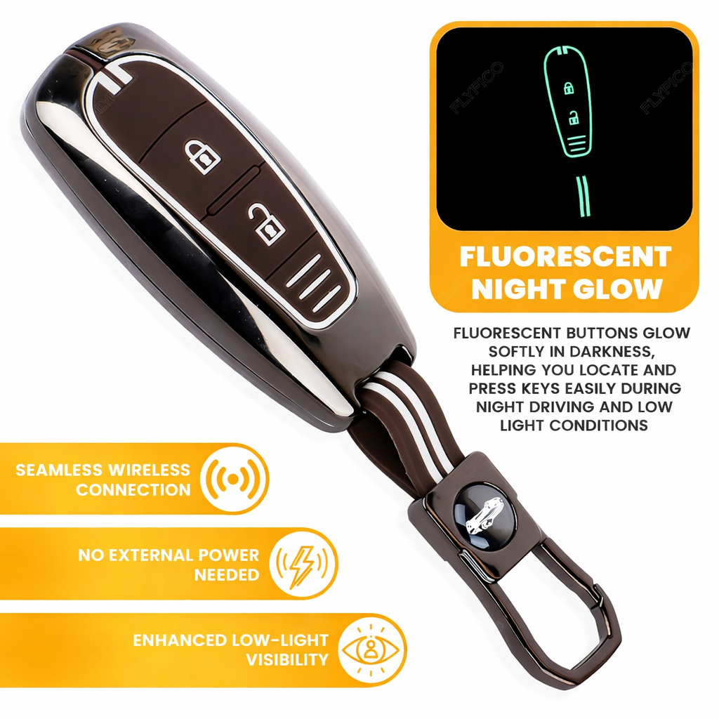 Car Key Cover Compatible with Maruti Suzukii Ignis | S Cross | Baleno | Ciaz | Vitara Brezza | Swift 2-Button Key (Chrome Metal Coffee Silicone)