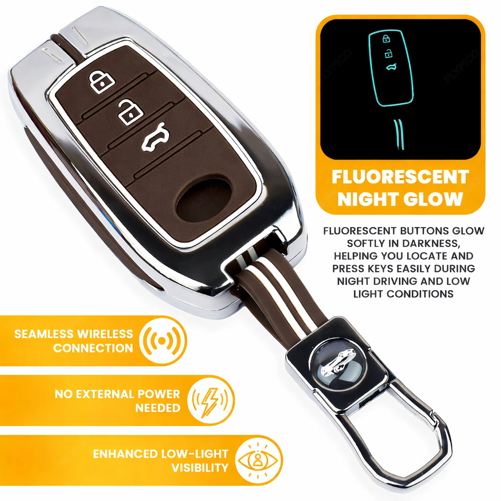 Luxury Black Chrome Key Cover Compatible for Toyota Fortuner, Legender, Hycross, Invicto | 3 Button Smart Key Protector with Keychain