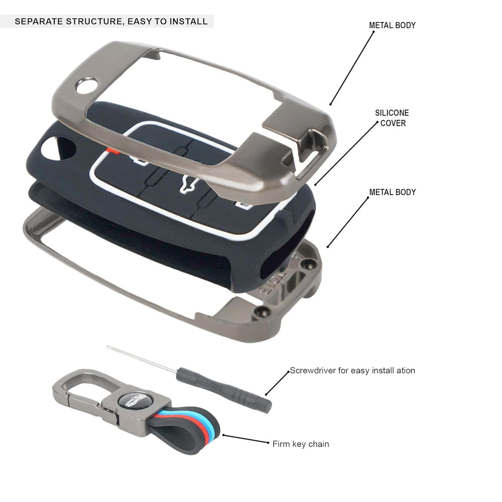 Metal Silicon Key Cover Compatible with Polo Vento Jetta Ameo Passat and Skoda Rapid Laura Superb Octavia Fabia Yeti 3 Button Flip Key Feature Visible in Low-Light Conditions