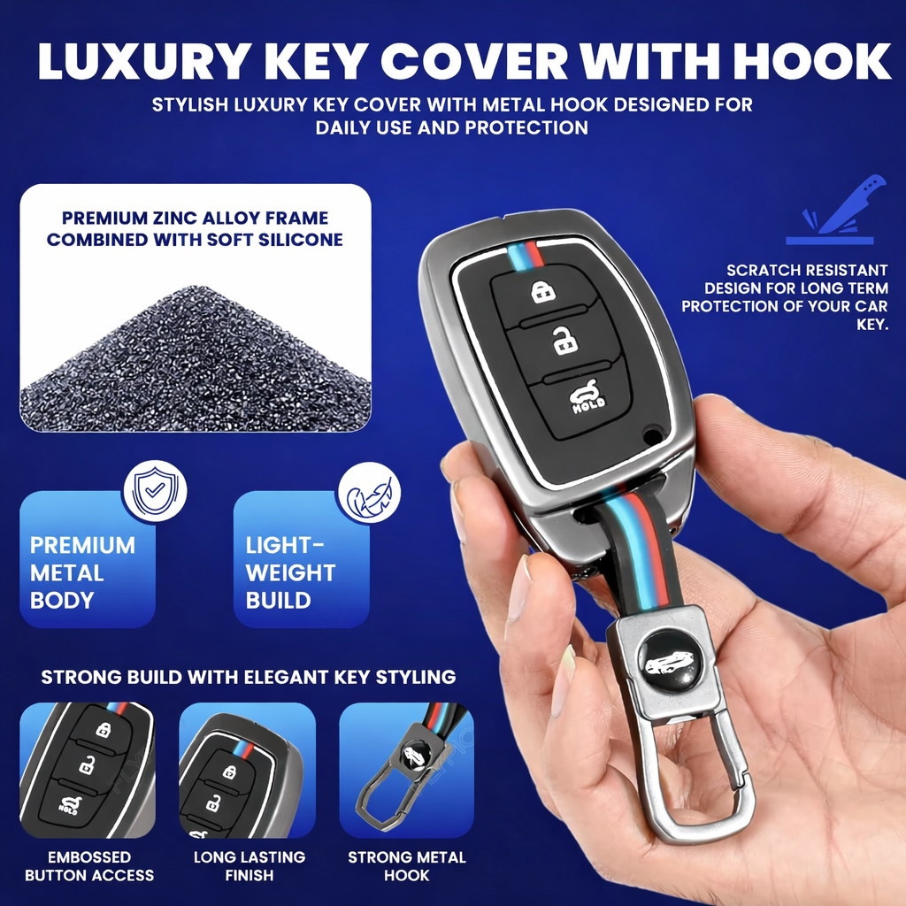 Metal Key Cover for Hyundai Grand i10 NIOS Asta | Venue | i20 | Aura | Exter | Creta | Elantra 3 Button Smart Key
