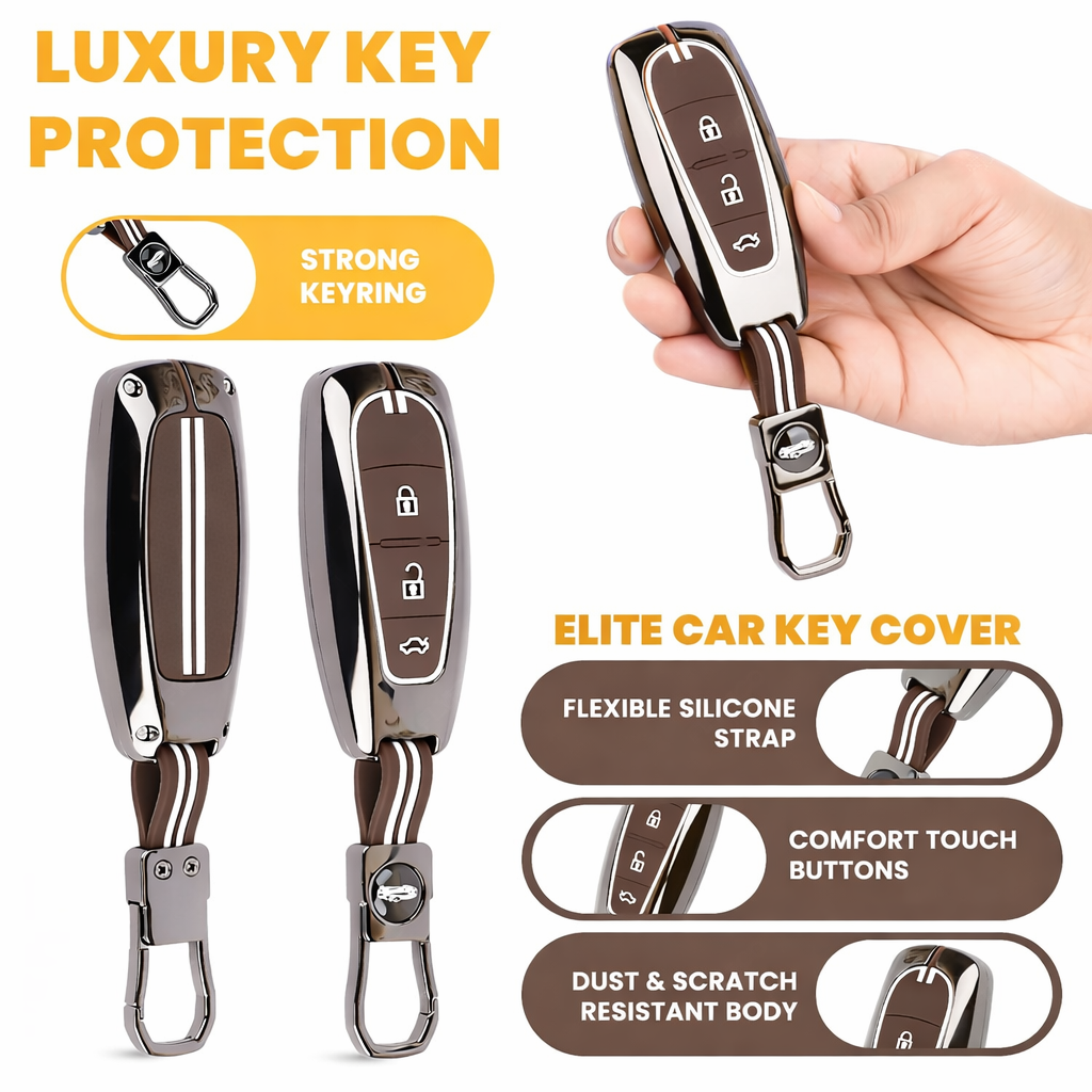 Metal Key Cover Compatible with Baleno, Breeza, S Cross, Ciaz, Swift 3 Button Smart Key (Metal Brown Silicone)