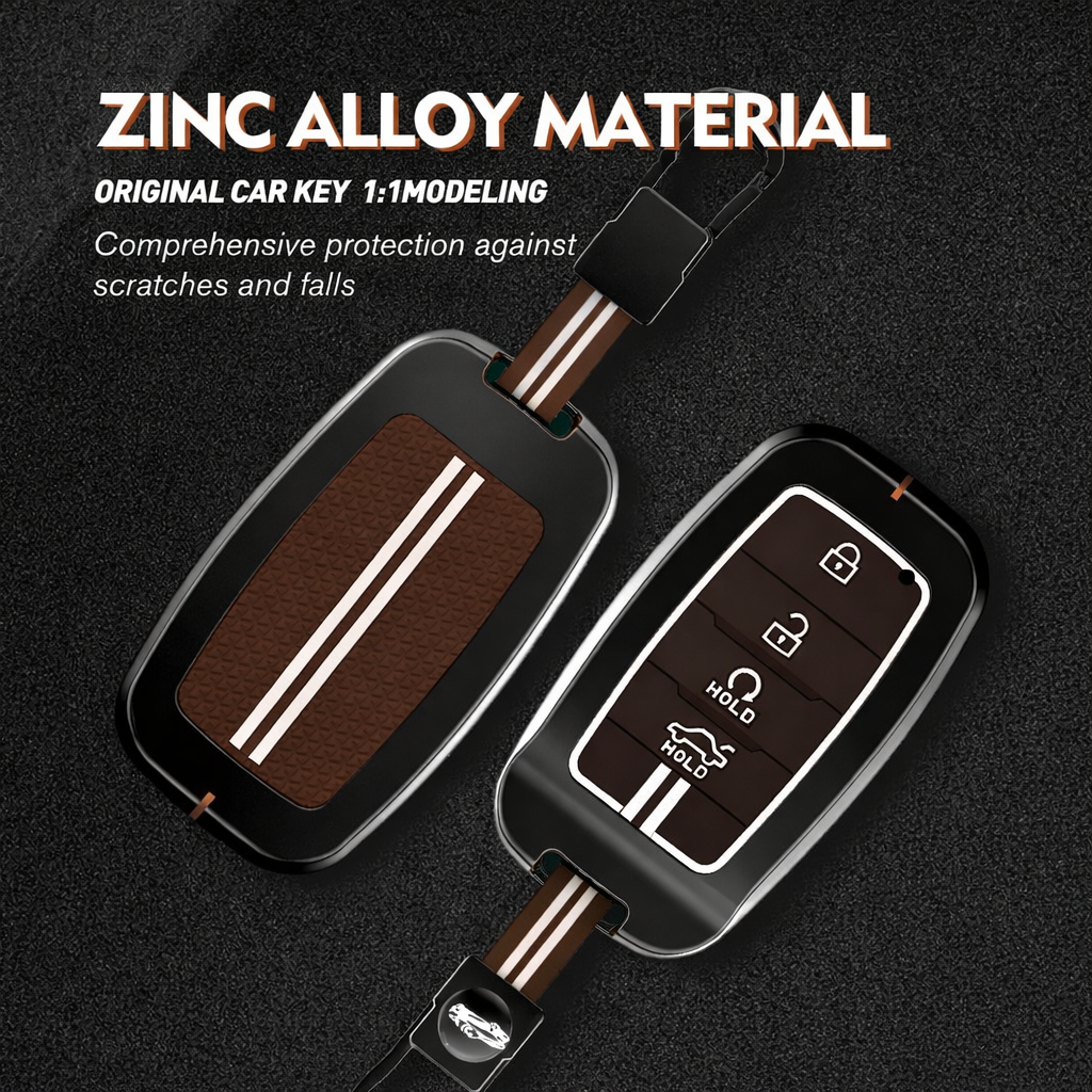 Metal Car Key Cover for Kia Seltos, Sonet, Carens 4 Button Smart Key | Zinc Alloy + Coffee Silicone Case | Full Protection, Shockproof, Stylish Key Protector with Keychain