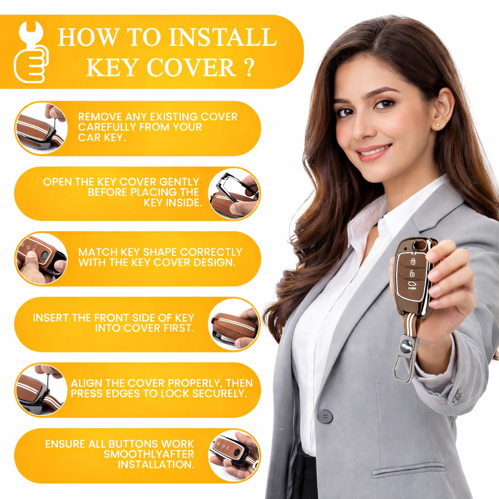 Car Key Cover Compatible with Hyundaii Creta, Venue, Tucson, Alcazar, i20, Grand i10 Nios, Aura, Xcent, Exter, 3-Button Flip Key, Silicone, with Keyring (Chrome Metal Coffee Silicone)