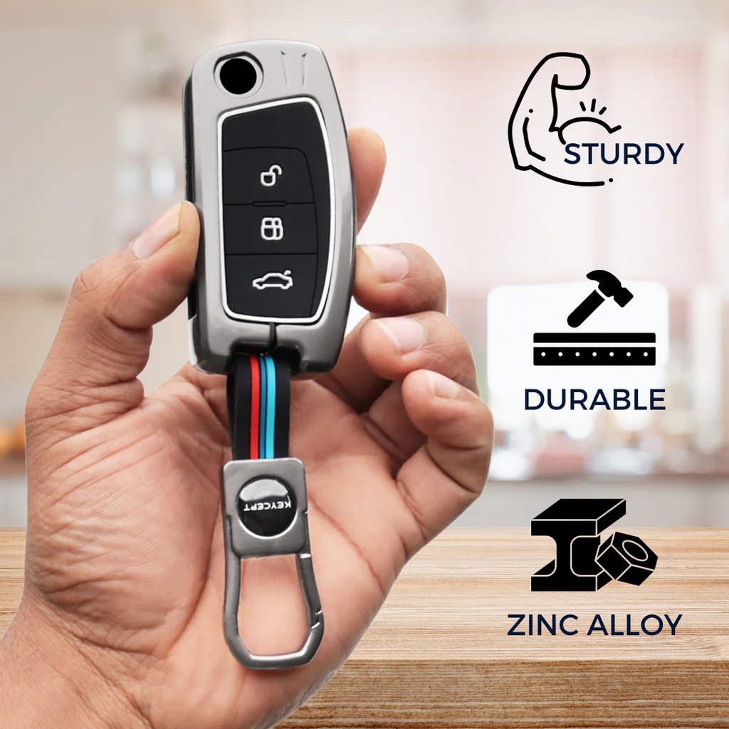 Premium Metal Key Cover Compatible with Ford EcoSport (Old), Fiesta, Figo | 3-Button Flip Remote Key Shell with Stylish Keychain (Metal Grey Black)