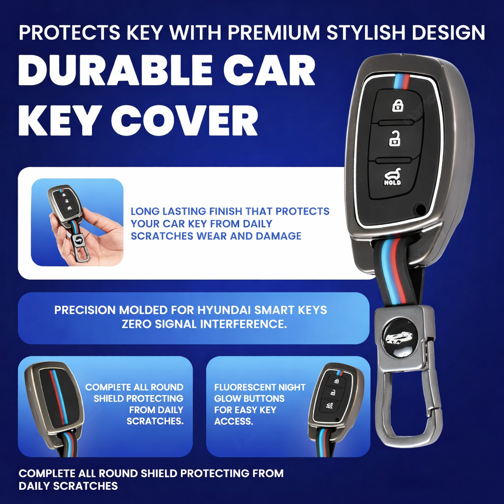 Metal Key Cover for Hyundai Grand i10 NIOS Asta | Venue | i20 | Aura | Exter | Creta | Elantra 3 Button Smart Key