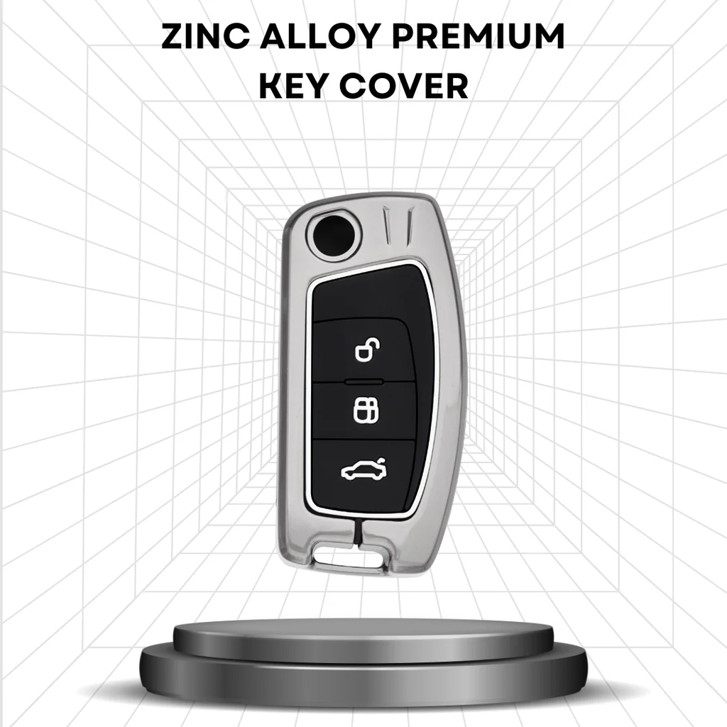 Premium Metal Key Cover Compatible with Ford EcoSport (Old), Fiesta, Figo | 3-Button Flip Remote Key Shell with Stylish Keychain (Metal Grey Black)
