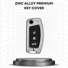 Load image into Gallery viewer, Premium Metal Key Cover Compatible with Ford EcoSport (Old), Fiesta, Figo | 3-Button Flip Remote Key Shell with Stylish Keychain (Metal Grey Black)