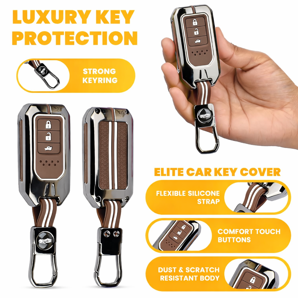 Premium Metal Silicone Car Key Cover for Honda BRV, WRV, CRV, Jazz, City 3 Button Smart Key | Glow in Dark Waterproof Shockproof Key Case with Keychain (Black Chrome Coffee Brown)