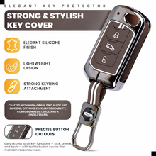 Load image into Gallery viewer, Premium Black Chrome Metal Silicone Key Cover – Glow-in-The-Dark, Waterproof, Key Fob Protector for Mahindra Scorpio Marazzo Xuv 300 Xuv 700 Xuv 400 Ev Bolero Thar Tuv 3 Button Flip Key