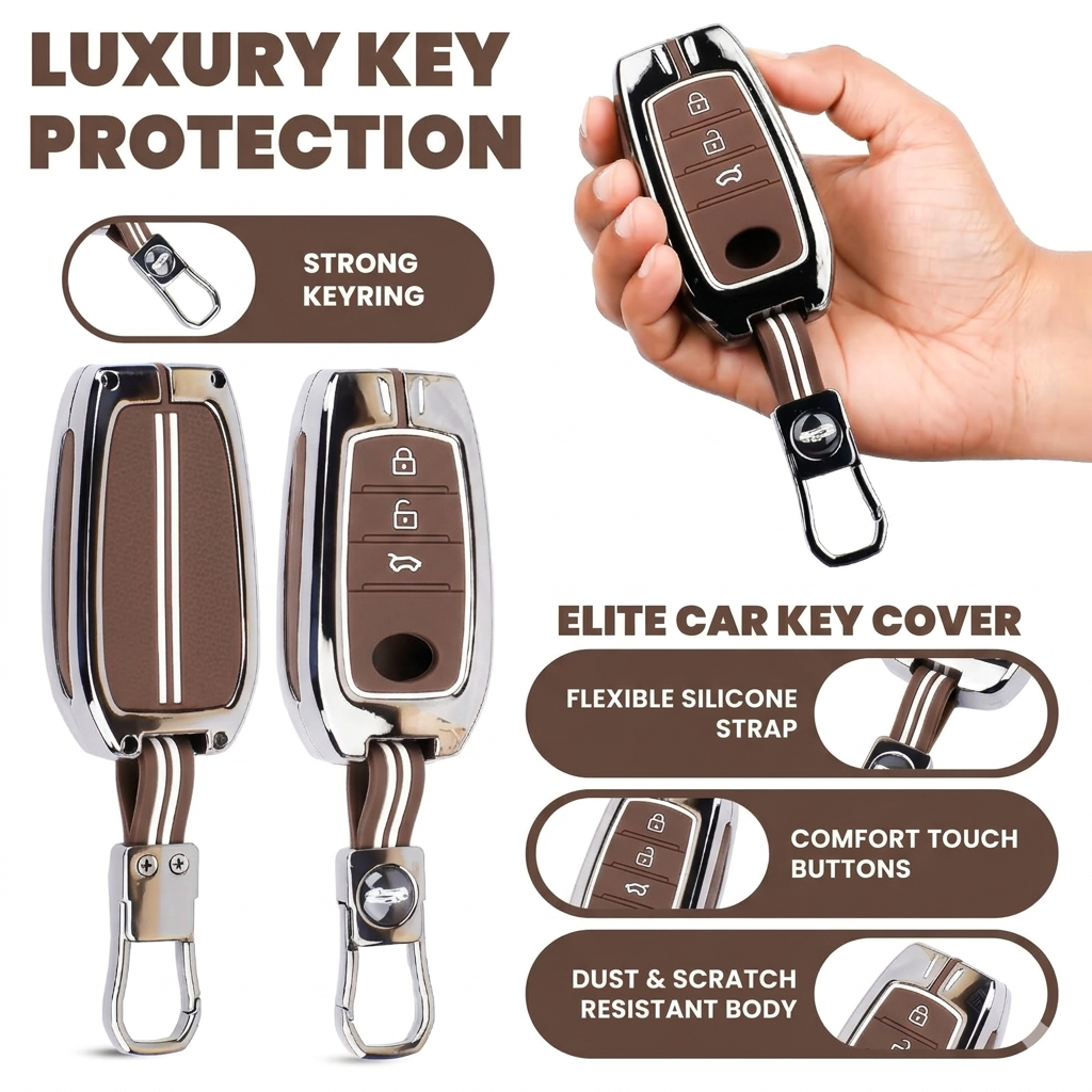 Luxury Black Chrome Key Cover Compatible for Toyota Fortuner, Legender, Hycross, Invicto | 3 Button Smart Key Protector with Keychain