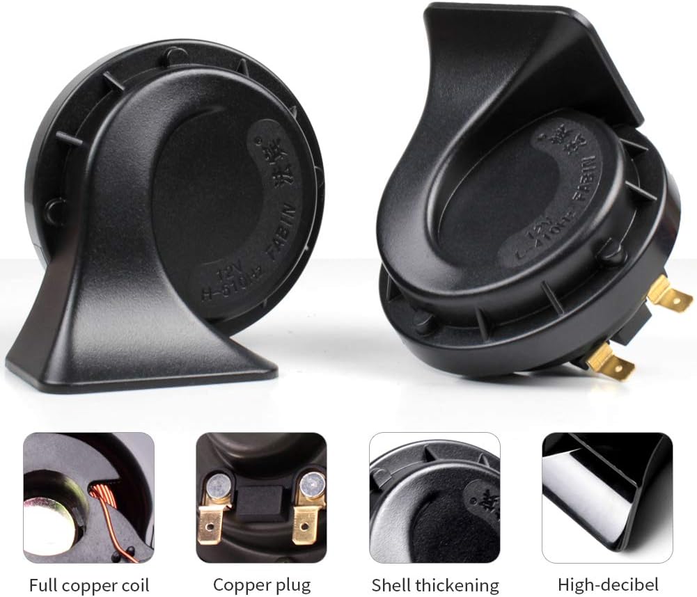 Auto Horn 12V Loud Dual Tone Car Horn 410Hz/510Hz Waterproof Electric Snail Horn Universal for All Cars & Bikes Black | Heavy Sound High Performance Vehicle Horn