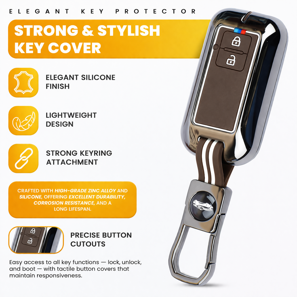 Metal Silicon Key Cover Compatible with Maruti Suzuki jimny Baleno Grand Vitara XL6 Swift New Brezza 2022 Ertiga Dzire 2 Button Key Special Feature Visibilitye in Low-Ligh Condition