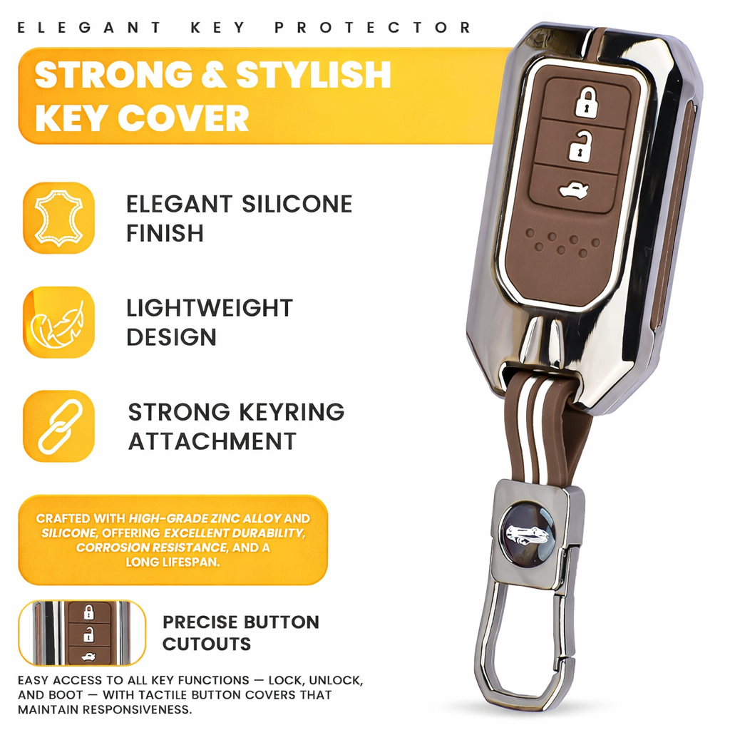 Premium Metal Silicone Car Key Cover for Honda BRV, WRV, CRV, Jazz, City 3 Button Smart Key | Glow in Dark Waterproof Shockproof Key Case with Keychain (Black Chrome Coffee Brown)