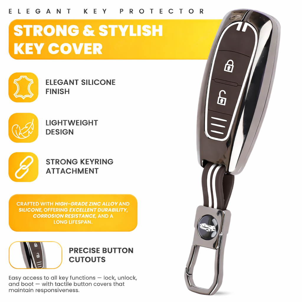 Car Key Cover Compatible with Maruti Suzukii Ignis | S Cross | Baleno | Ciaz | Vitara Brezza | Swift 2-Button Key (Chrome Metal Coffee Silicone)