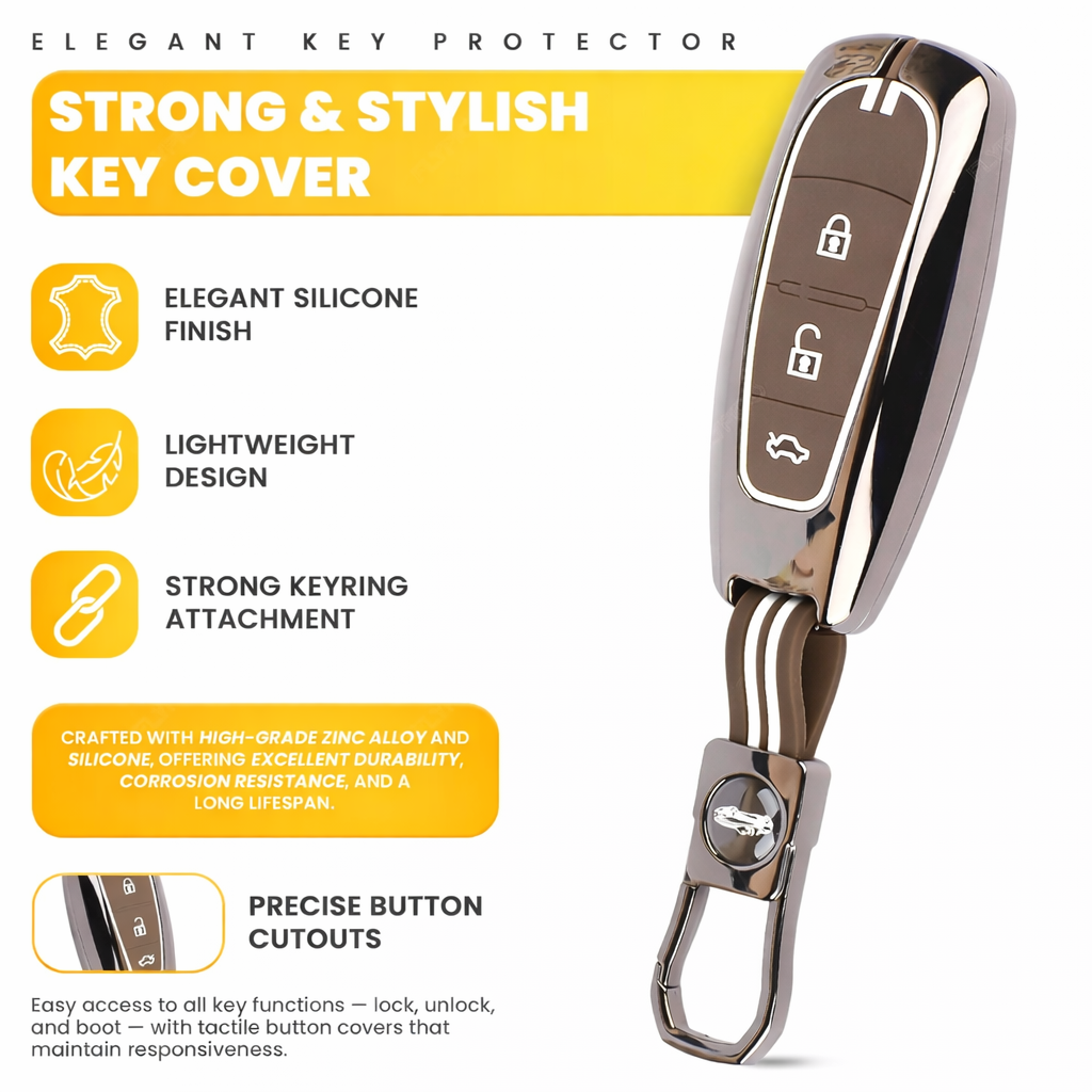Metal Key Cover Compatible with Baleno, Breeza, S Cross, Ciaz, Swift 3 Button Smart Key (Metal Brown Silicone)