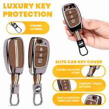Load image into Gallery viewer, Car Key Cover Compatible with Hyundaii Creta, Venue, Tucson, Alcazar, i20, Grand i10 Nios, Aura, Xcent, Exter, 3-Button Flip Key, Silicone, with Keyring (Chrome Metal Coffee Silicone)