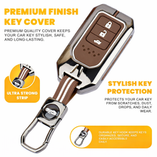 Load image into Gallery viewer, Premium Metal Silicone Car Key Cover for Honda BRV, WRV, CRV, Jazz, City 3 Button Smart Key | Glow in Dark Waterproof Shockproof Key Case with Keychain (Black Chrome Coffee Brown)