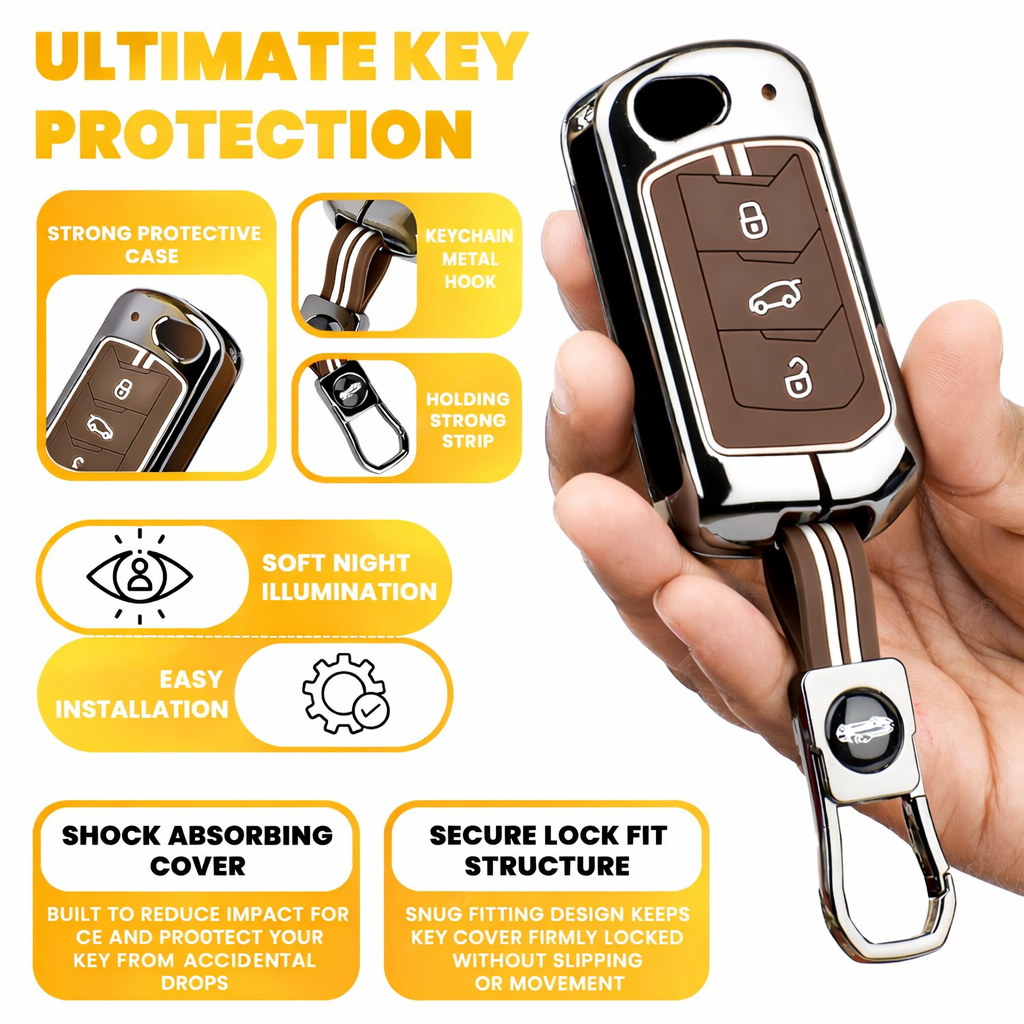 Premium Black Chrome Metal Silicone Key Cover – Glow-in-The-Dark, Waterproof, Key Fob Protector for Mahindra Scorpio Marazzo Xuv 300 Xuv 700 Xuv 400 Ev Bolero Thar Tuv 3 Button Flip Key