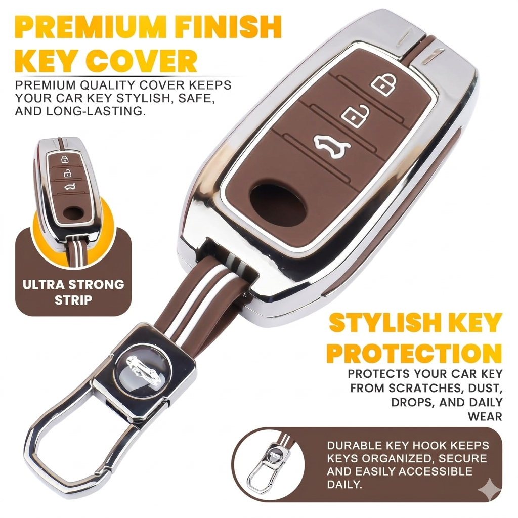 Luxury Black Chrome Key Cover Compatible for Toyota Fortuner, Legender, Hycross, Invicto | 3 Button Smart Key Protector with Keychain