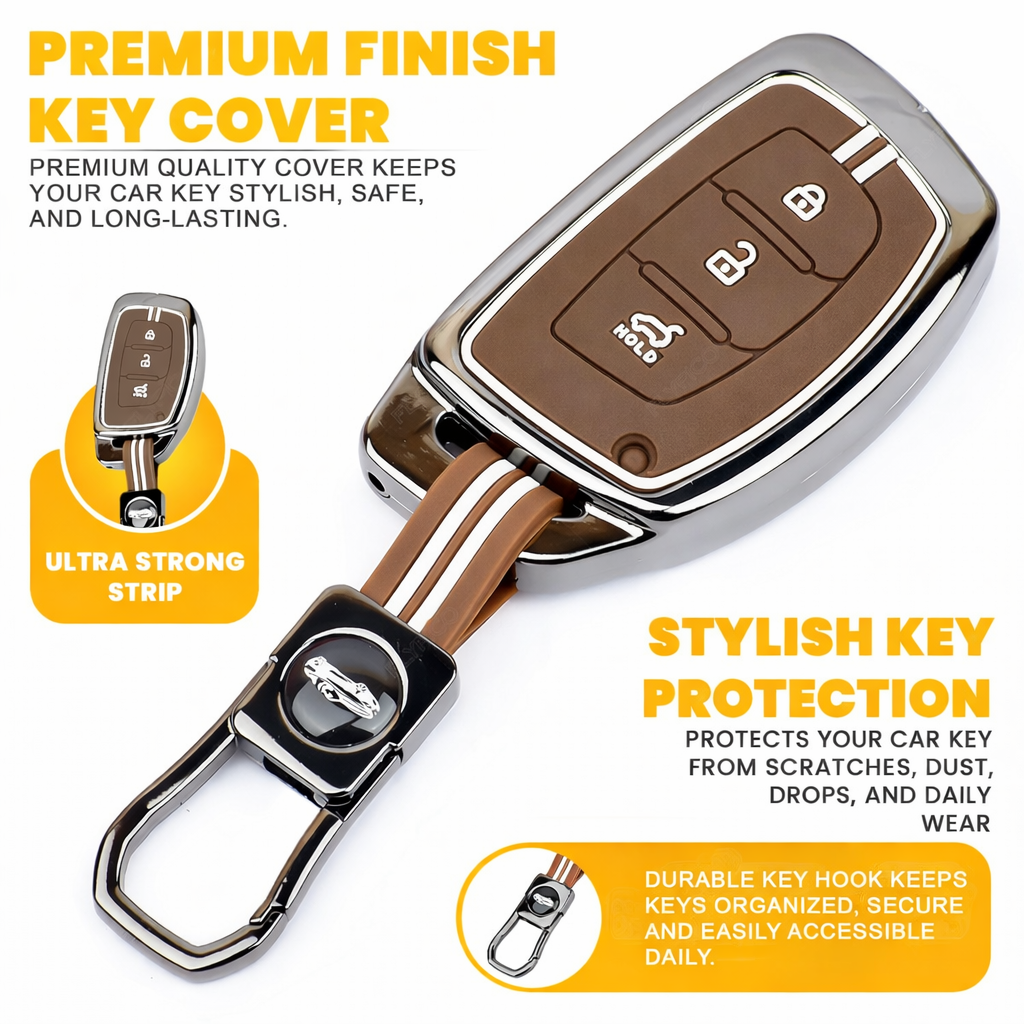 Black Chrome Metal Silicone Key Cover – Glow-in-the-Dark, Waterproof, Shockproof Key Fob Protector for Hyundaii i20 Creta Venue Tucson Alcazar Verna Xcent Aura Elantra 3 Button Smart Key