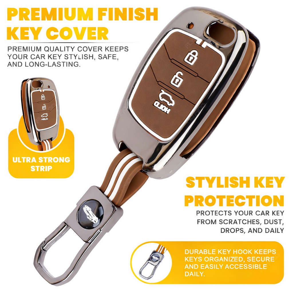 Car Key Cover Compatible with Hyundaii Creta, Venue, Tucson, Alcazar, i20, Grand i10 Nios, Aura, Xcent, Exter, 3-Button Flip Key, Silicone, with Keyring (Chrome Metal Coffee Silicone)