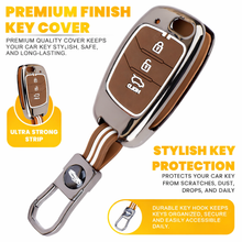 Load image into Gallery viewer, Car Key Cover Compatible with Hyundaii Creta, Venue, Tucson, Alcazar, i20, Grand i10 Nios, Aura, Xcent, Exter, 3-Button Flip Key, Silicone, with Keyring (Chrome Metal Coffee Silicone)